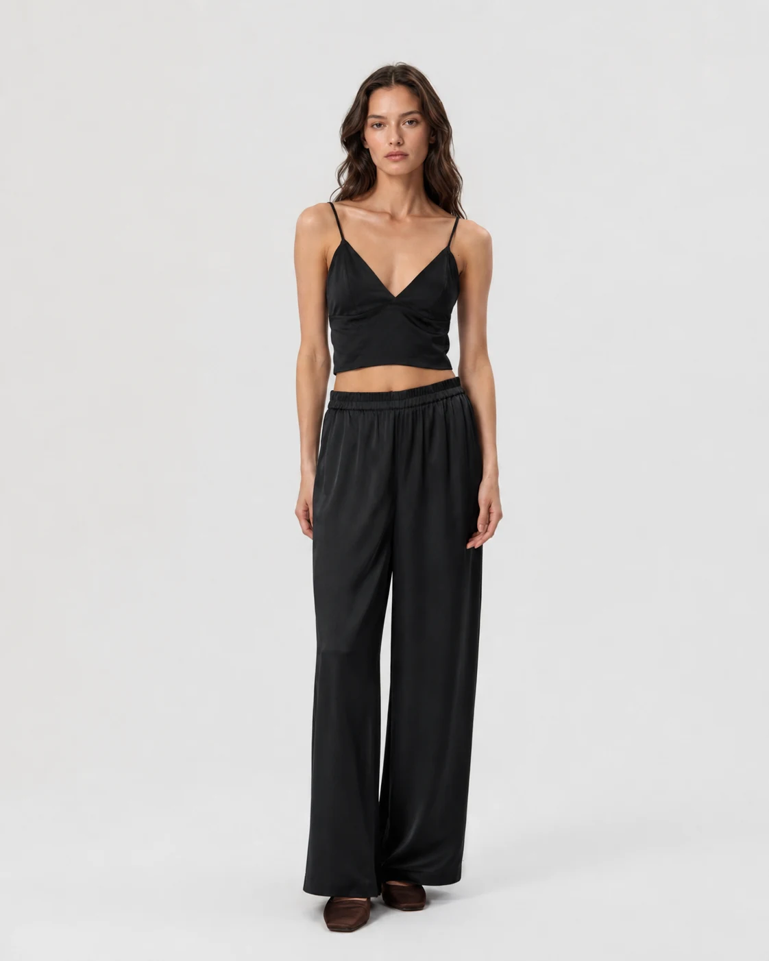 Silk cami and wide-leg lounge trousers in ink